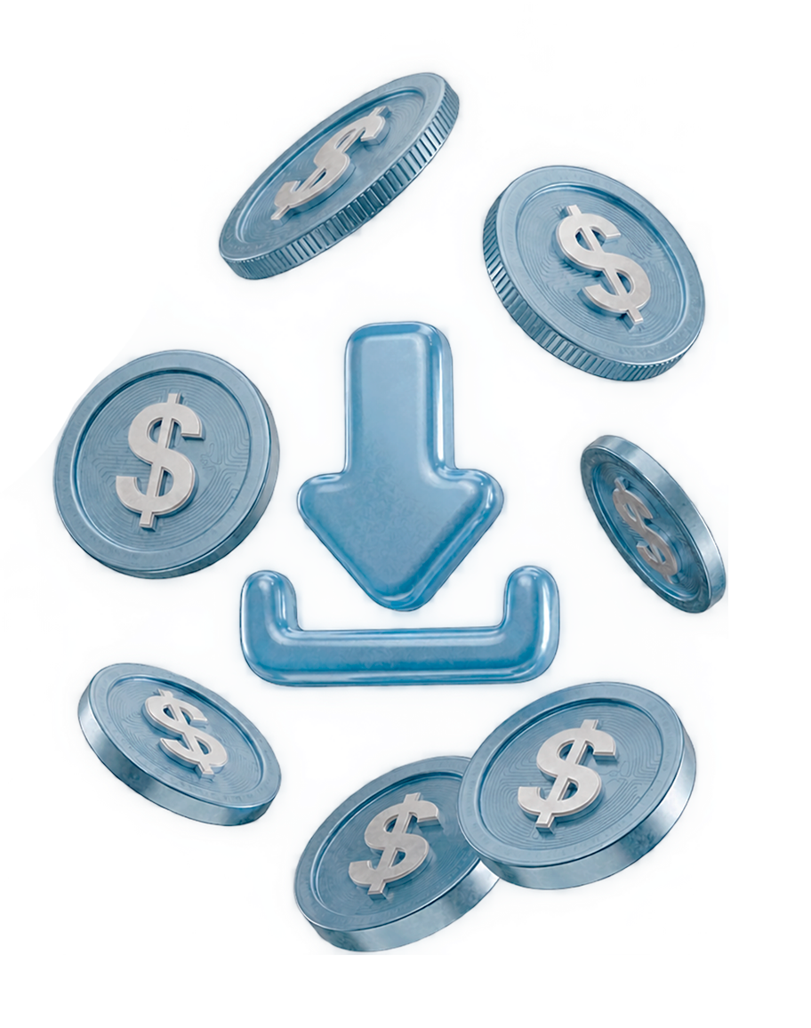 3D download arrow surrounded by silver dollar coins