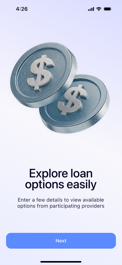iOS onboarding screen with floating 3D dollar coins and the headline Explore loan options easily
