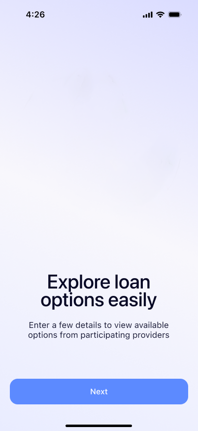 iOS onboarding screen with empty visual area and Explore loan options easily headline